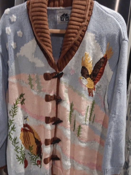 Storybook Knits Sweaters - Storybook Knits Light Blue, Brown, Pink Embroidered Bird Shawl-Front Cardigan